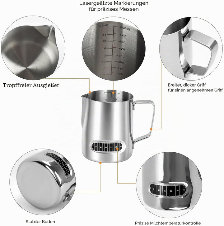 2 Stück Milchschäumer Kännchen 600 ml, Edelstahl Milchschaumkännchen Barista-Werkzeuge mit Temperatu