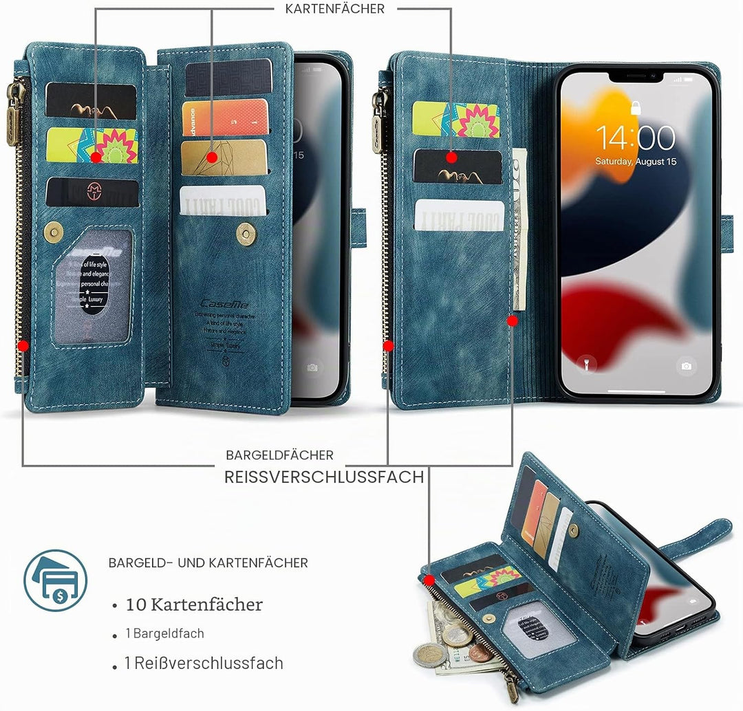 QLTYPRI Handyhülle für iPhone 13 Pro, Reissverschluss Hülle PU Leder Klapphülle Kartenfach Geldbörse