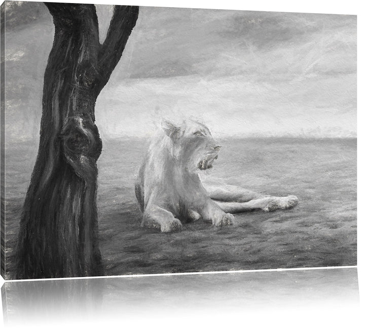 Pixxprint Löwin Ruhe Savanne Kunst als Leinwandbild/Grösse: 100x70 cm/Wandbild/Kunstdruck/fertig bes