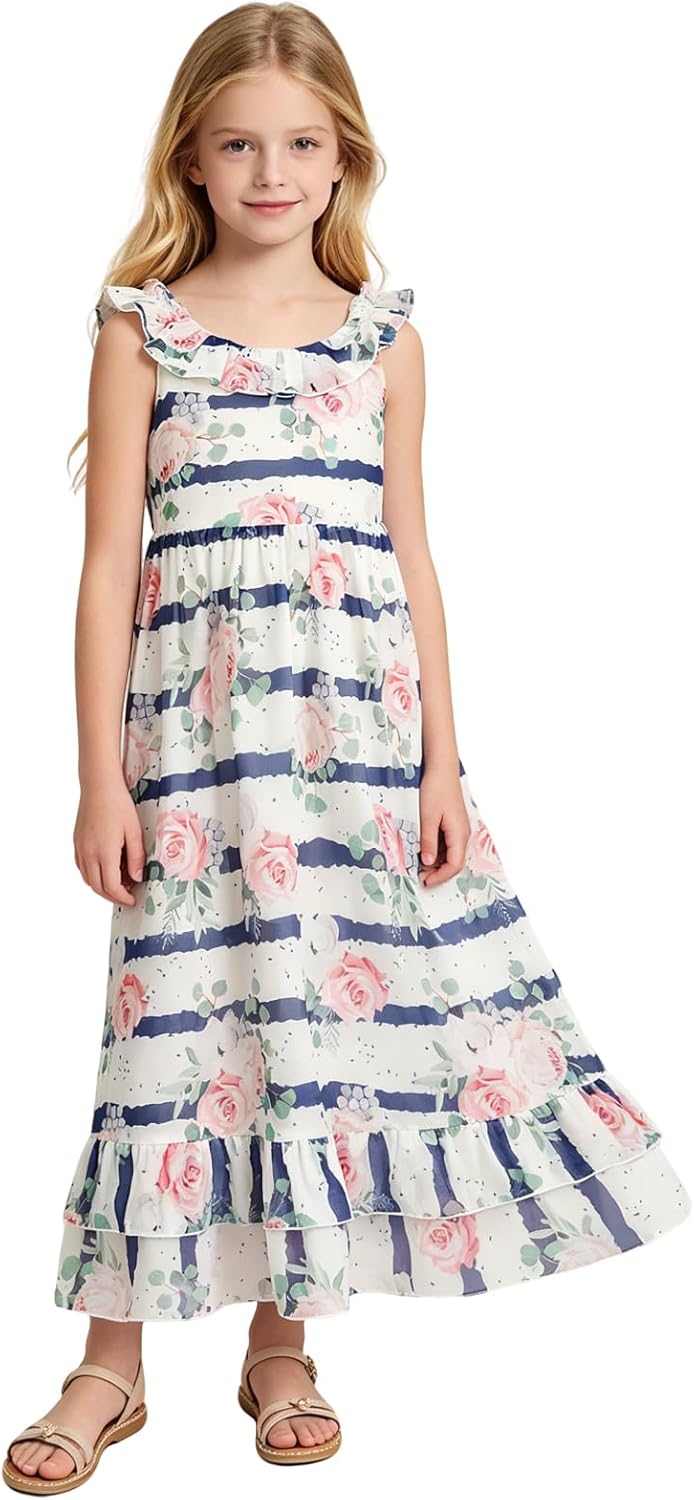 BONNY BILLY Mädchen Kleider Freizeit Blumen Sommerkleid Strandkleid Chiffonkleid Maxikleid mit Rüsch