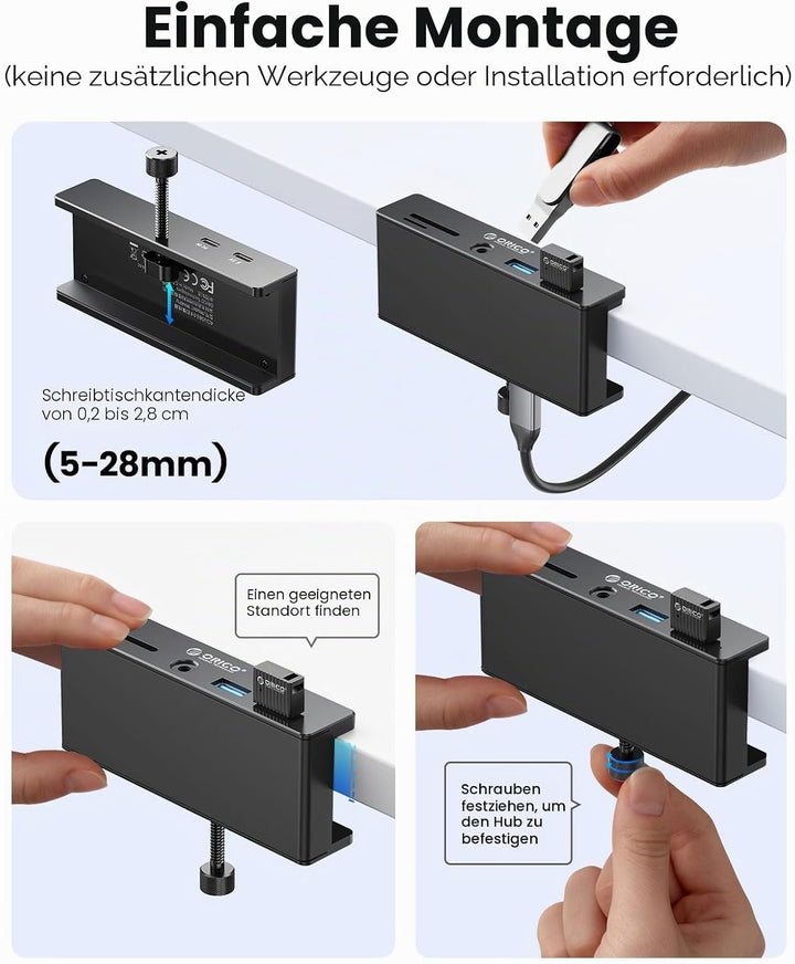 ORICO Clip-Typ USB Hub mit SD/TF Kartenleser, 5 in 1 USB Hub 3.0 mit 2 Typ A 3.0 Ports, 3.5 mm Audio