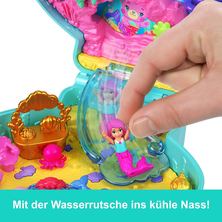 Polly Pocket Puppen und Spielset, Glitzerinsel-Schatulle, Reisespielzeug mit 1 Mini-Meerjungfrauenpu