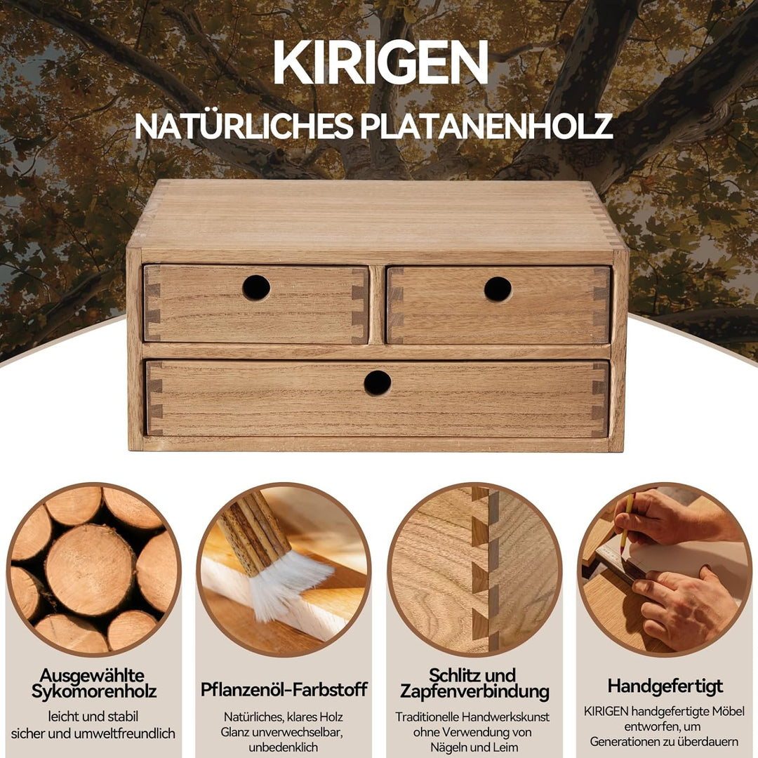 KIRIGEN Schreibtisch-Organizer aus Paulownia-Holz, 35 x 27 x 14,7 cm, Schubladenbox mit 3 Schubladen