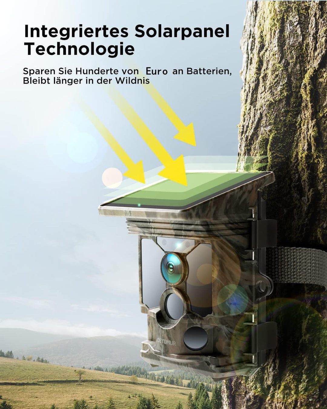 CEYOMUR Solar Wildkamera mit Handyübertragung App, 4K 68MP UHD Wildkamera WLAN mit 5200mAh Akku, Wil