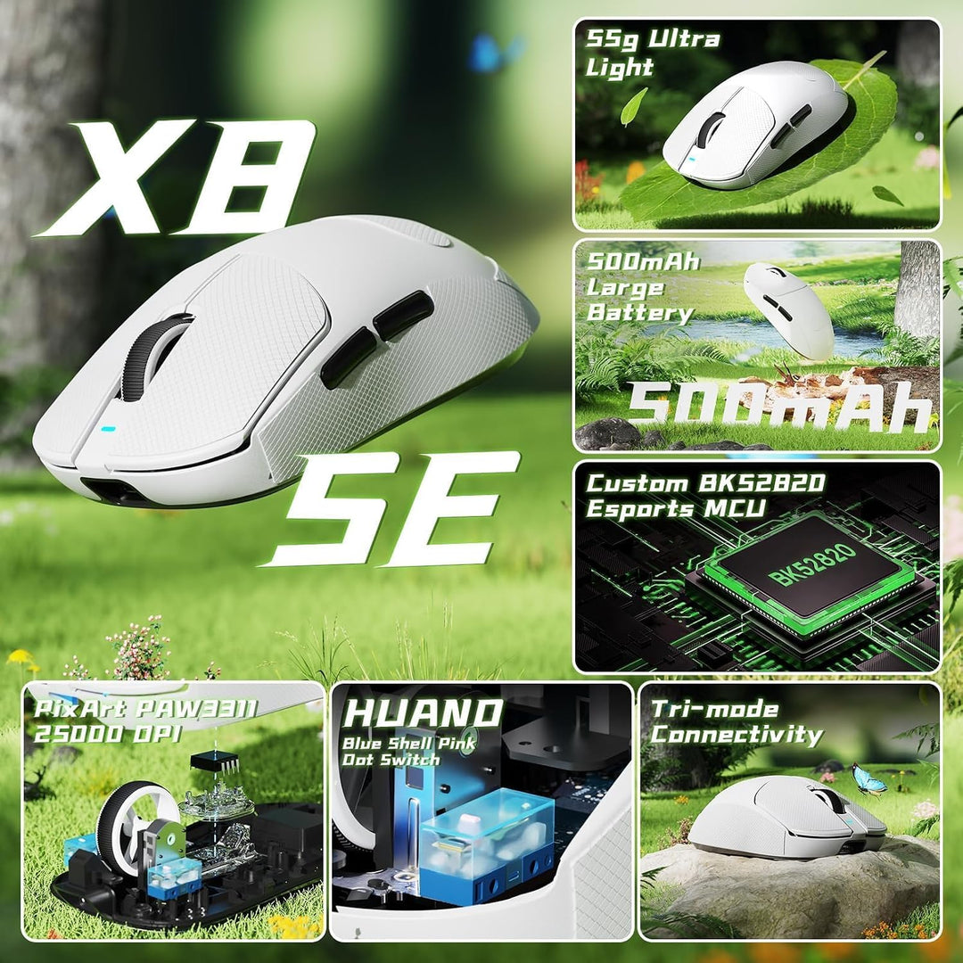 ATTACK SHARK X8 SE Kabellose Gaming-Maus, 55g Ultraleicht, PAW3311 Sensor, BK52820 Chip, 25.000 DPI,