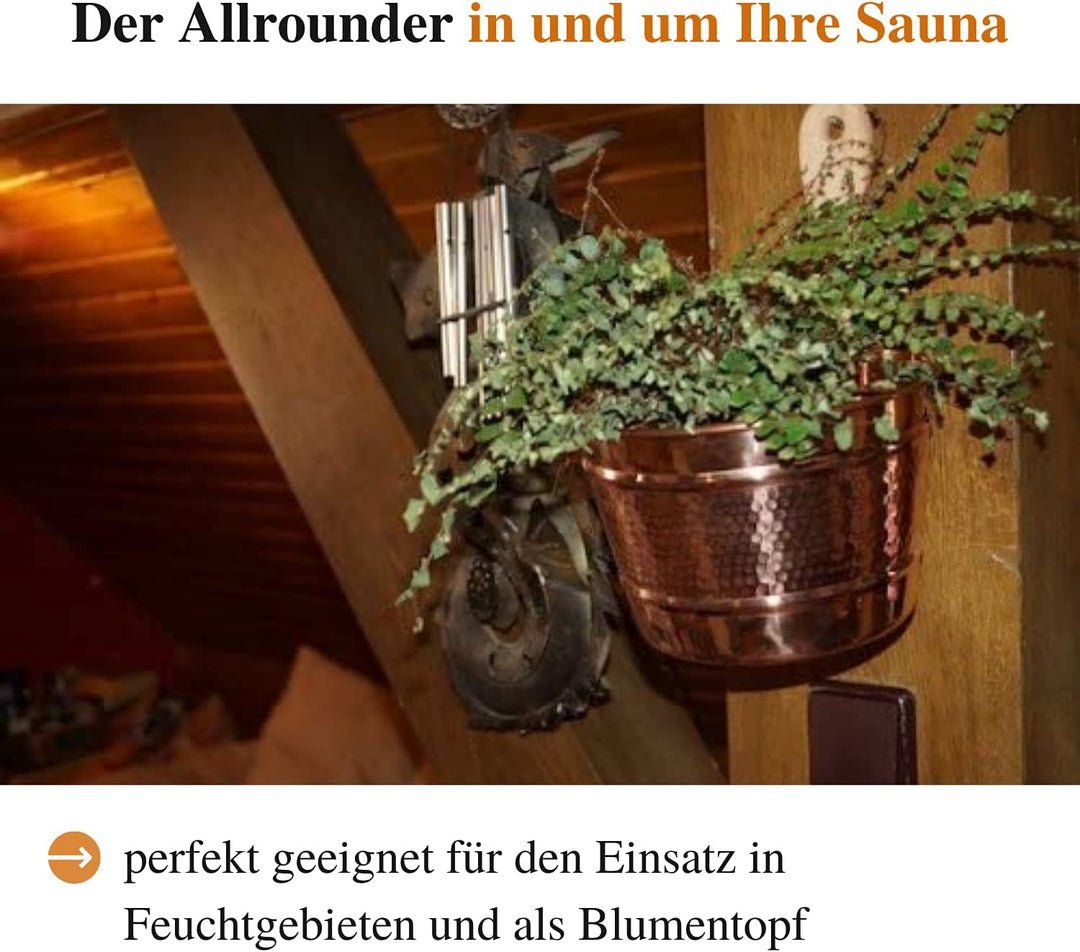 CopperGarden Saunaeimer aus blankem Kupfer mit Schöpfkelle I Schwalleimer mit Wandhalterung aus Holz