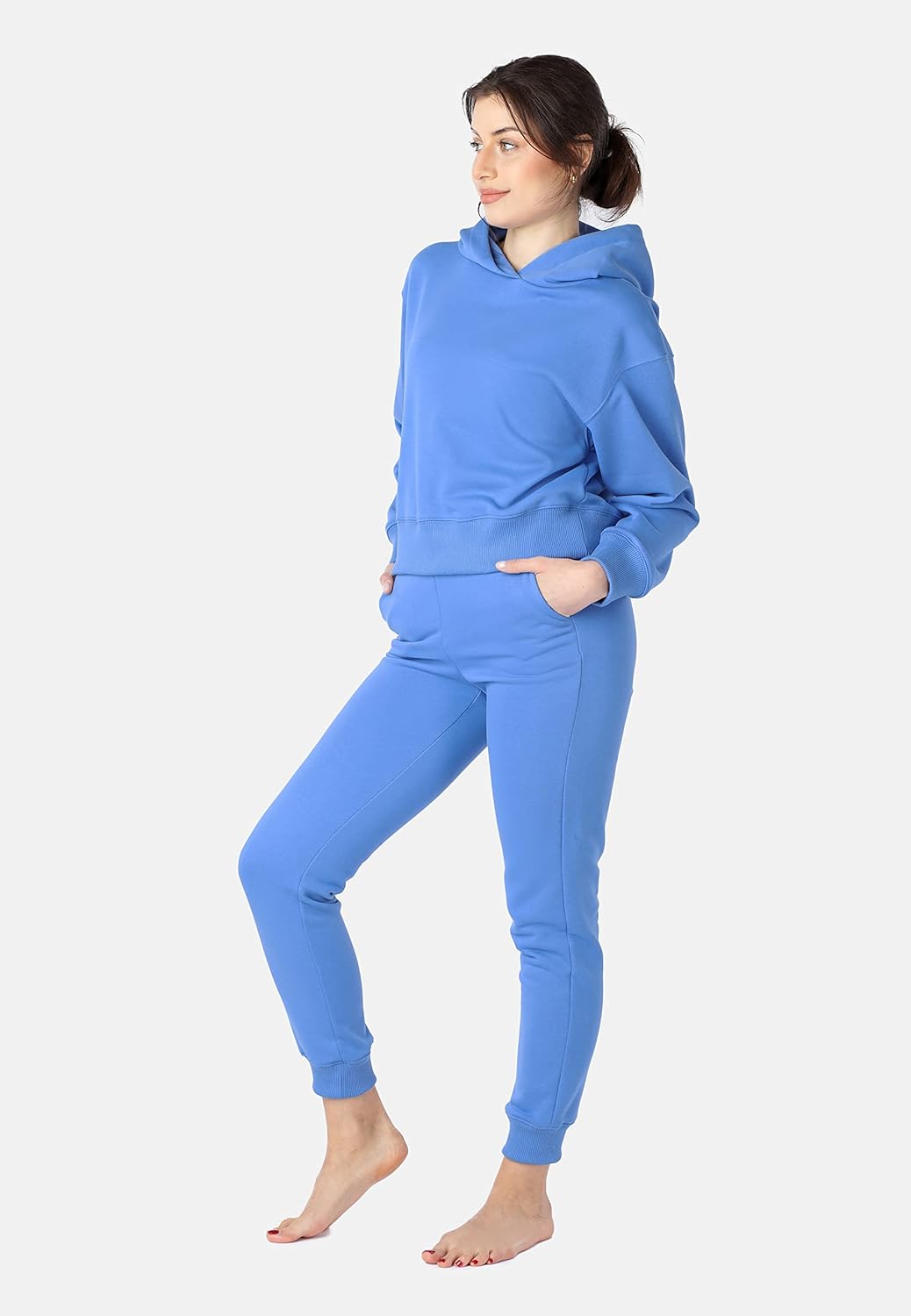 Bellivalini Kapuzenpullover kurz Damen Sportanzug Oberteil Jogging Pullover BLV208 XS Blau, XS Blau