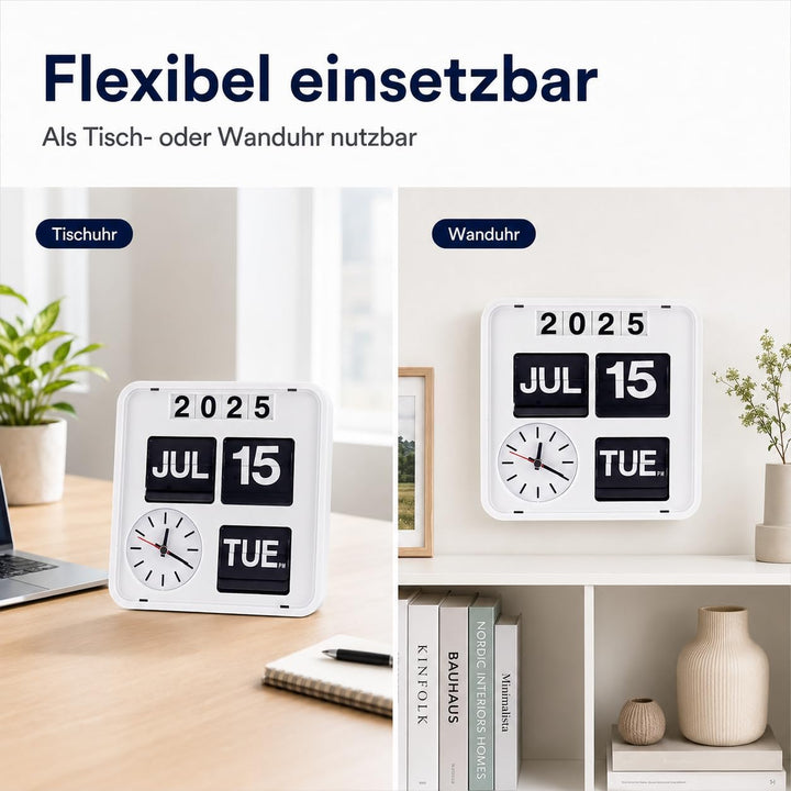 Eurotime 80005-00 Retro Tisch- &amp; Wanduhr mit Voll-Datumsanzeige inkl. Jahr, Quarzuhr im Klappkarten-