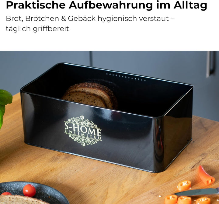 Brotkasten Metall Schwarz mit Bambusdeckel | 2-in-1 Brotbox &amp; Schneidebrett | Belüftete Brotaufbewah