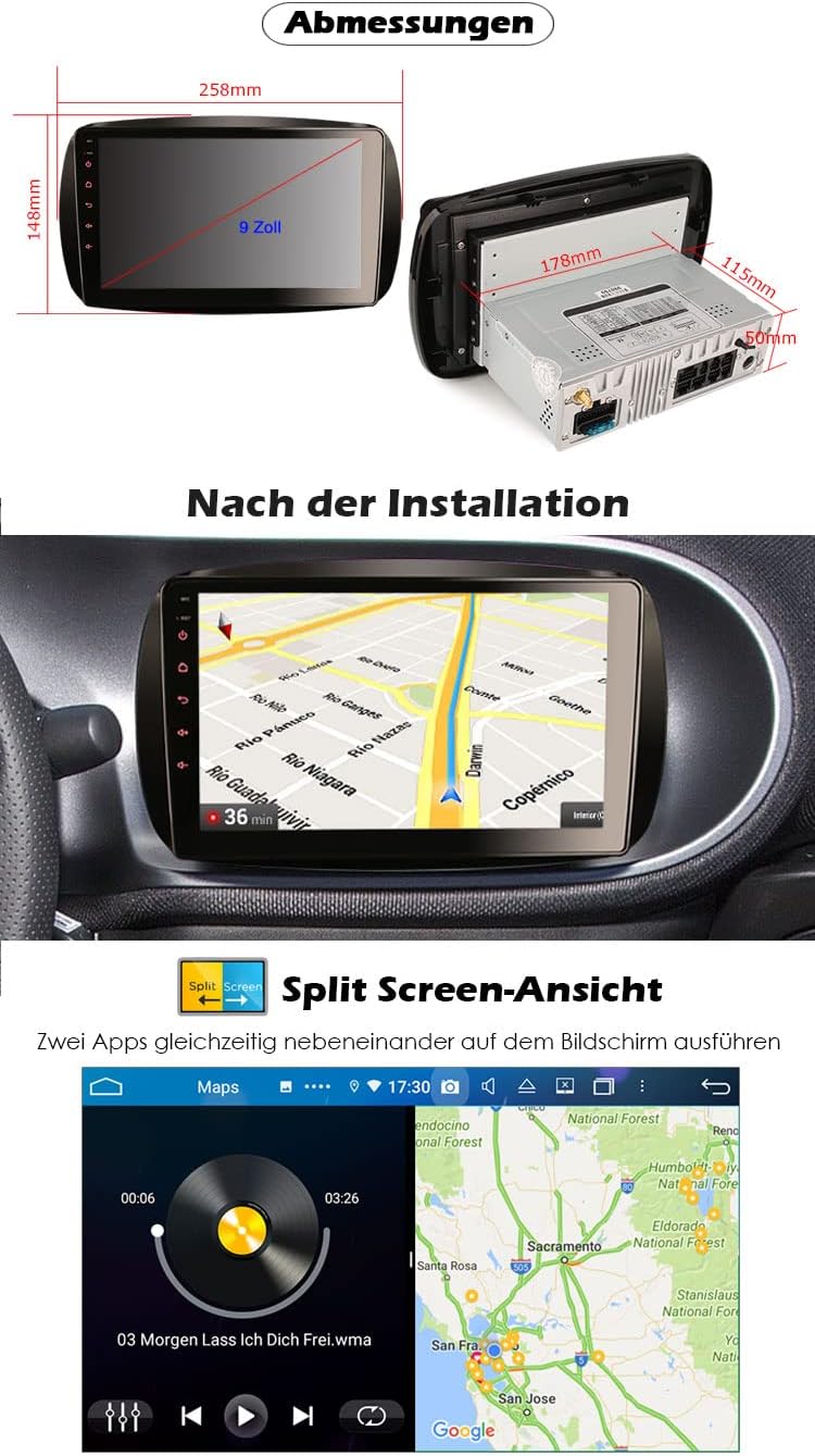 Erisin Android 10 9 Zoll 8-Kern Autoradio Mit GPS für Mercedes-Benz Smart Fortwo Coupé/Cabrio Unters
