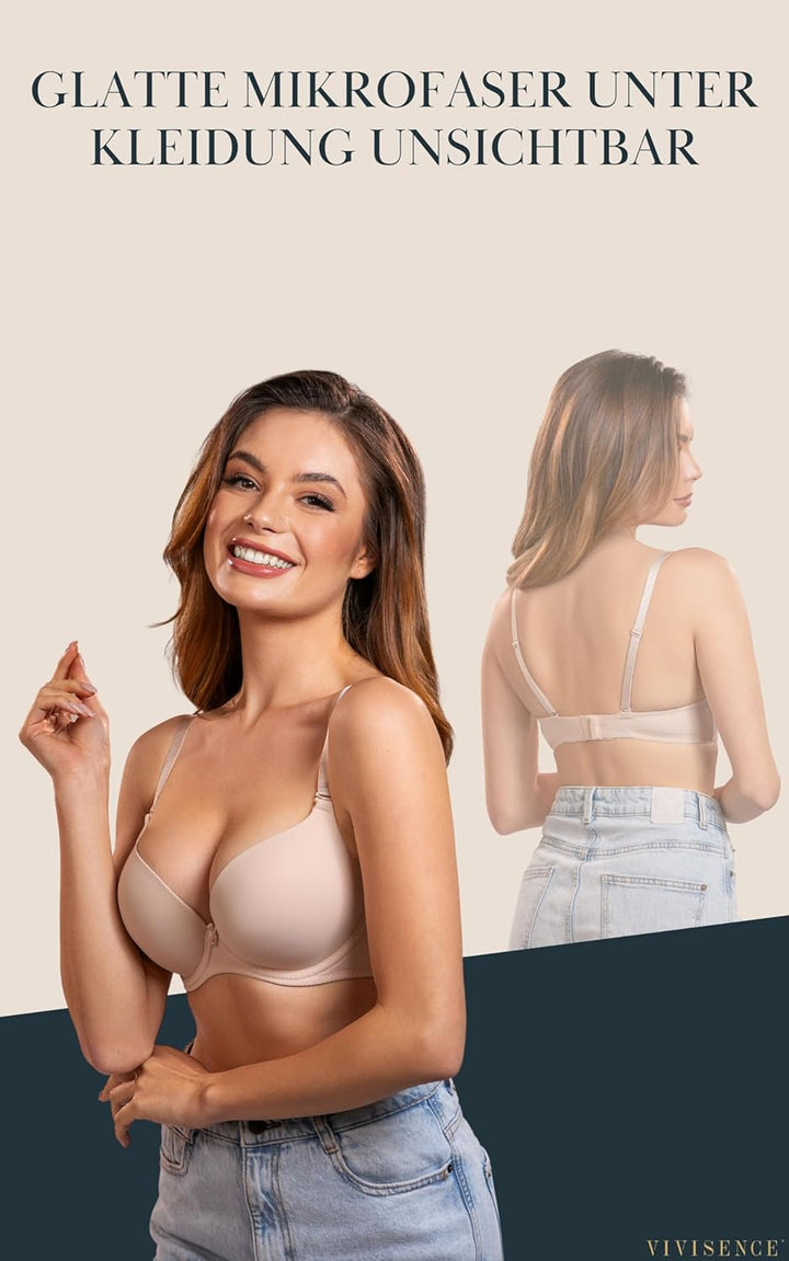 VIVISENCE Damen Push-Up BH Gepolsterte Schalen Klassisch Elegant Spitze Netz 1041 70B Hellbeige, 70B