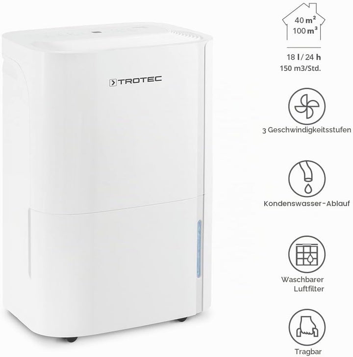 TROTEC Luftentfeuchter elektrisch TTK 54 E – Leistung 18 L/Tag – Fläche 40 m² / 100 m³ – mit Autoabs
