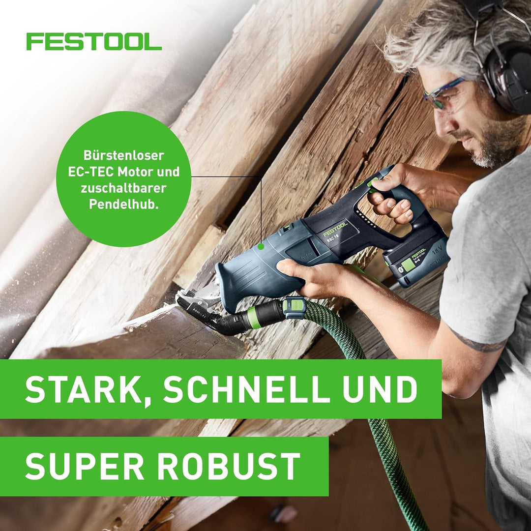 Festool Akku-Säbelsäge RSC 18 5,0 EB-Plus (mit Akkupacks BP 18 Li 5,0, Schnellladegerät, Absaugvorri
