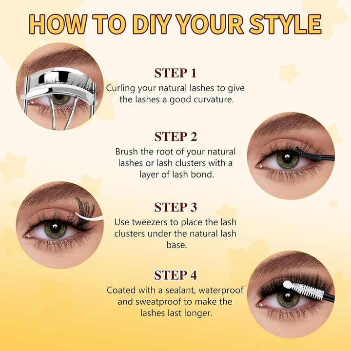 QUEWEL Wimpern-Extensions 320 Stück 80D+100D, DIY Lash-Extension-Set, Cluster-Lashes mit Wimpernkleb