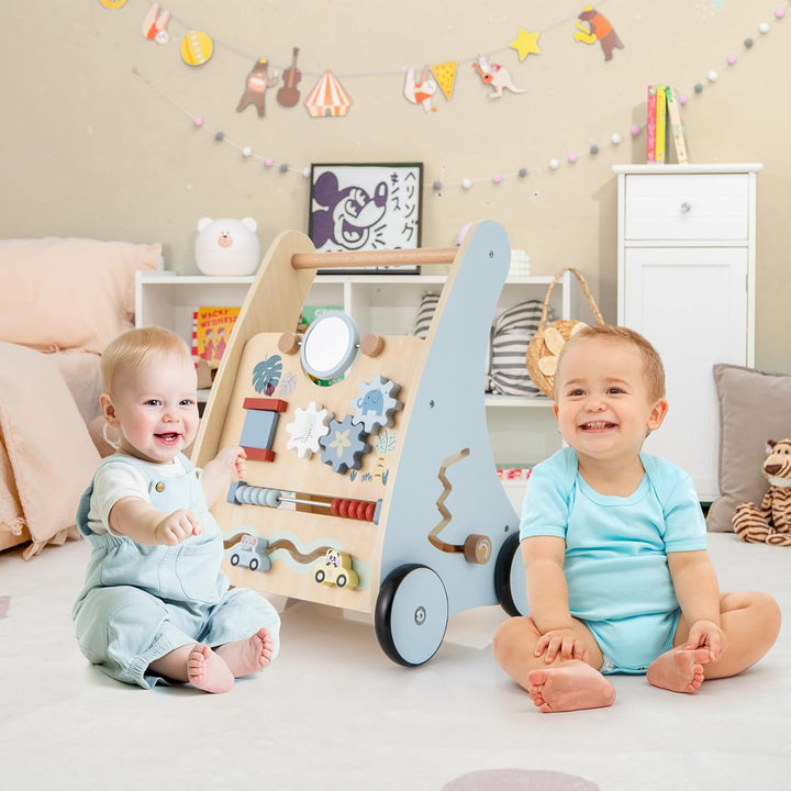 COSTWAY Baby Lauflernwagen Holz, 2-in-1 Lauflernhilfe mit Multi-Aktivitätslernzentrum, Motorischen F