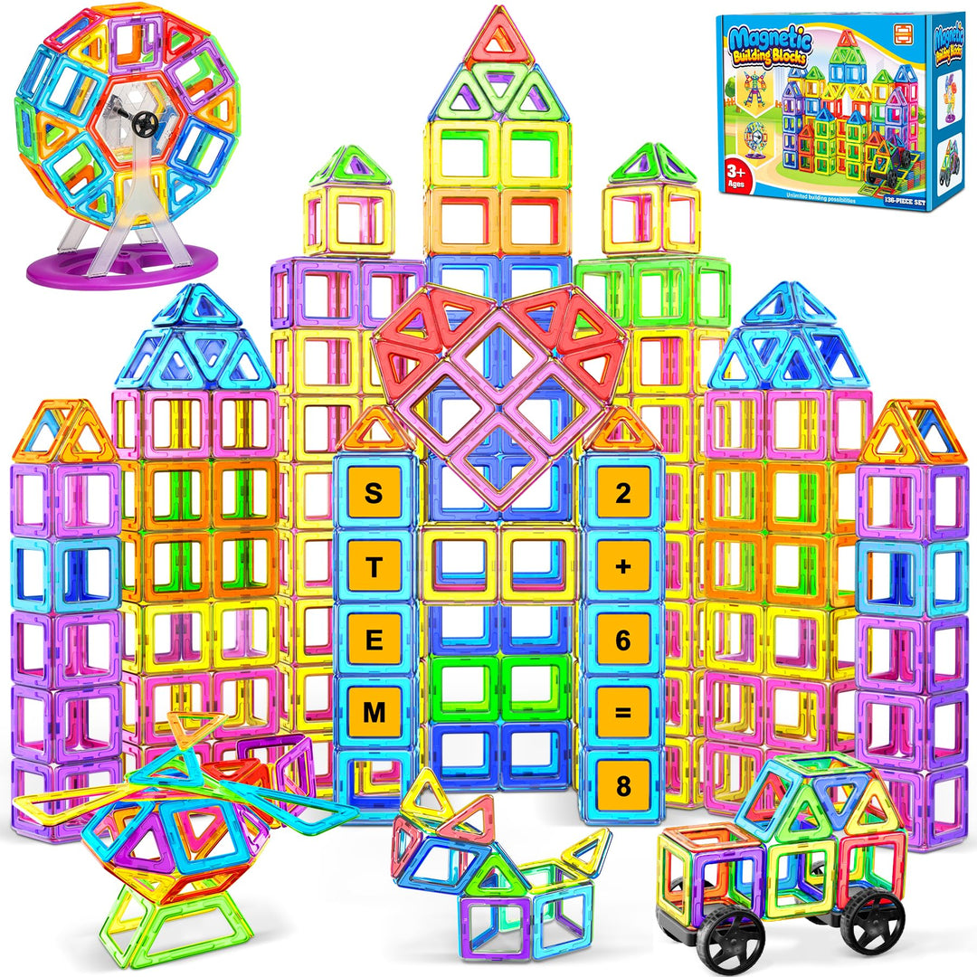 Magnetische Bausteine 136 Teile, Magnetspiel STEM Magnetbausteine, Montessori Spielzeug ab 3 Jahre,