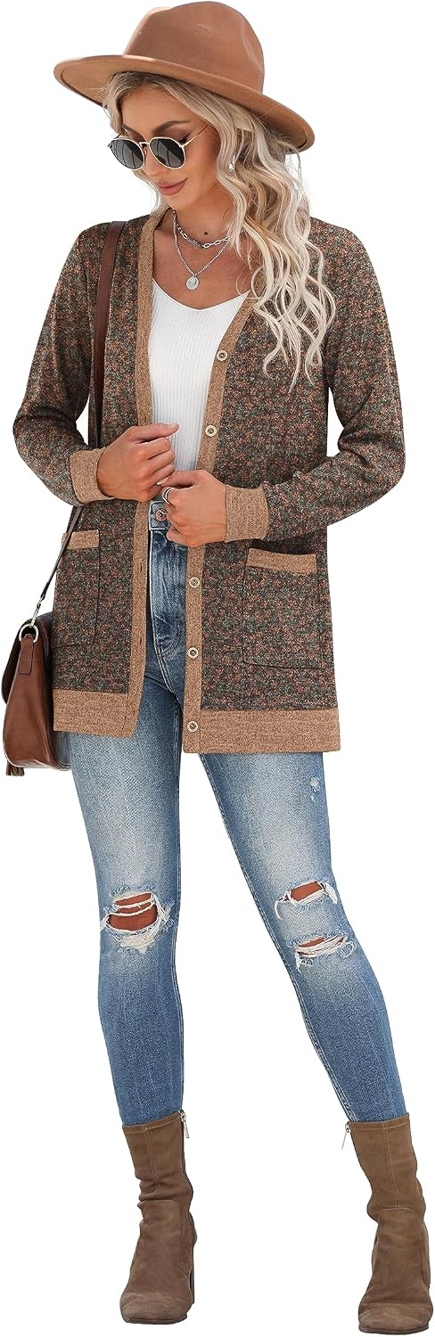 GRECERELLE Damen Lang Strickjacke Herbst Leichte mit Taschen und Knöpfen Weiche Long Elegant Gerippt