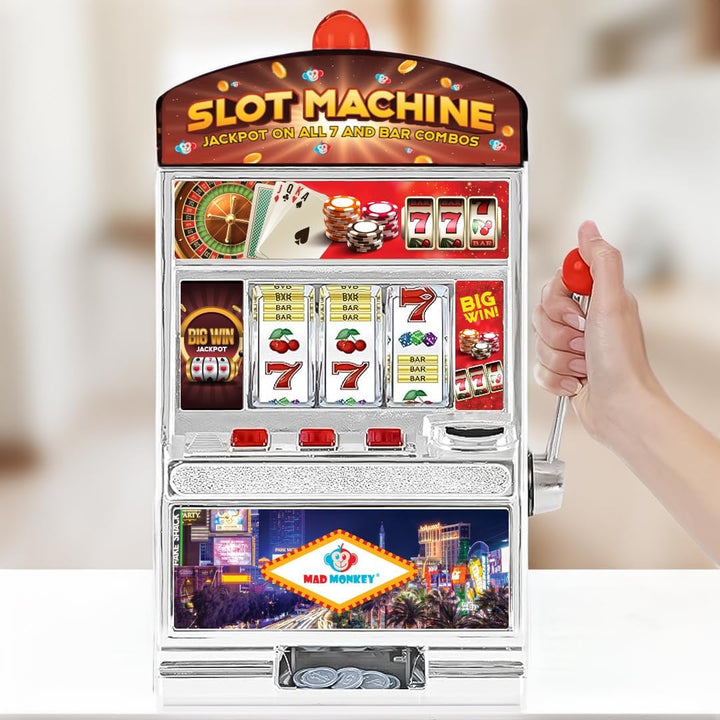 Mad Monkey Slot Machine Spardose XL, Spardose im Spielautomaten-Design mit Licht und Sound, Geldspie