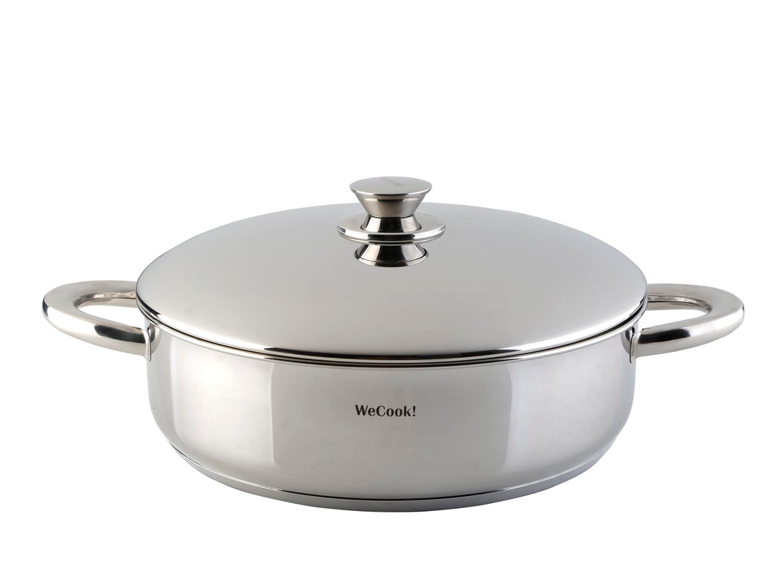 Niedriger Kochtopf Bratpfanne Bräter aus Edelstahl 18/10 mit Stahldeckel, Ø 24 cm.
