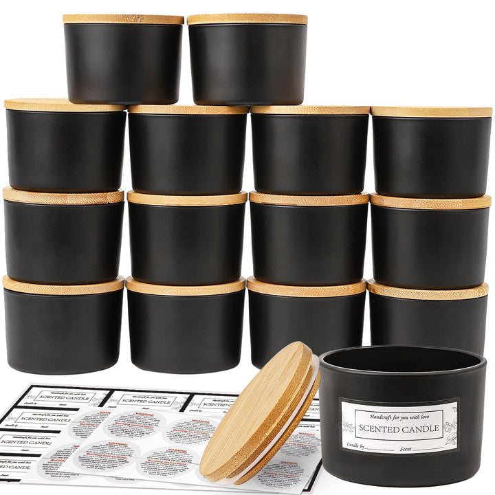 CONNOO 15 Stück 120ml Mattschwarze Glas-Kerzengläser mit luftdichten Bambusdeckeln zum Kerzenmachen,