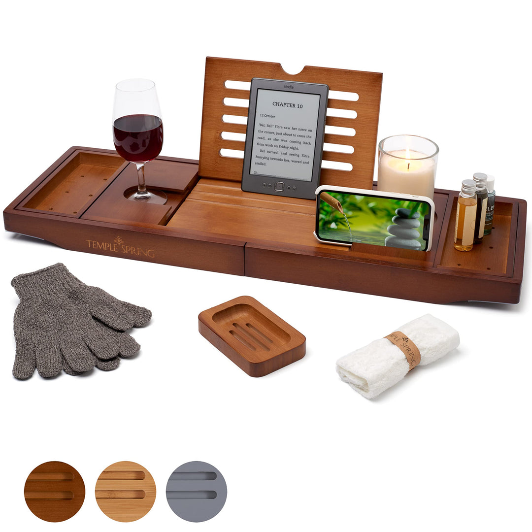 TEMPLE SPRING - Badewannenablage Bambus mit Kerzen-, Weinglas-, Buch-, Tablet-, iPad- und Telefonhal