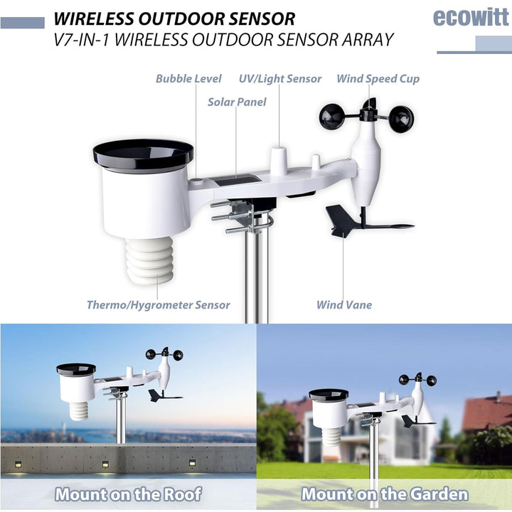 Ecowitt Wi-Fi Wetterstation Array, 7 in 1 Garten Drahtloser Solar-Wetter-Aussensensor WS69 + 3 in 1