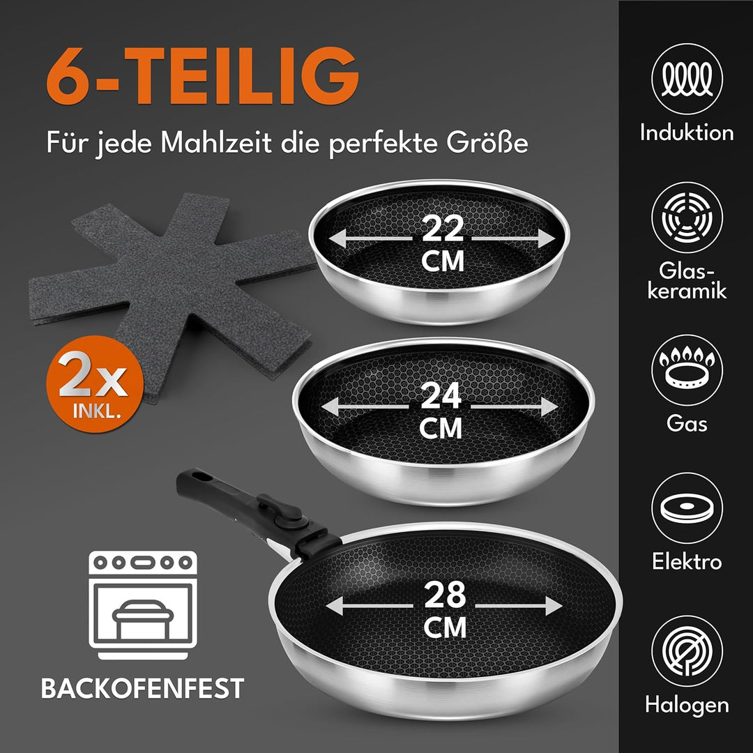 LEBENLANG Pfannenset Abnehmbarer Griff - 4 Tlg. In 22/24/28cm Wabenstruktur I Campingpfannne Bratpfa