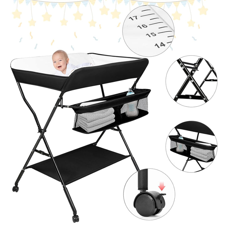 OHMG Baby Wickelkombi Klappbare Wickelkommode,Wickeltisch mit Rollen,Mobiler Wickeltisch mit Wickela