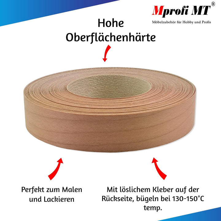 Mprofi MT® 20m Rolle-Kantenumleimer-Echtholz Furnier Umleimer mit Schmelzkleber-Bügelkante für Regal