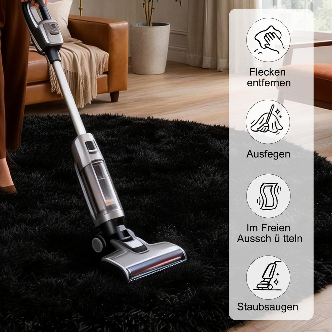 VOFUSHON Teppich Rund 120 cm Schwarz Waschbar Rutschfester Hochflor Runder Teppich Schlafzimmer Weic