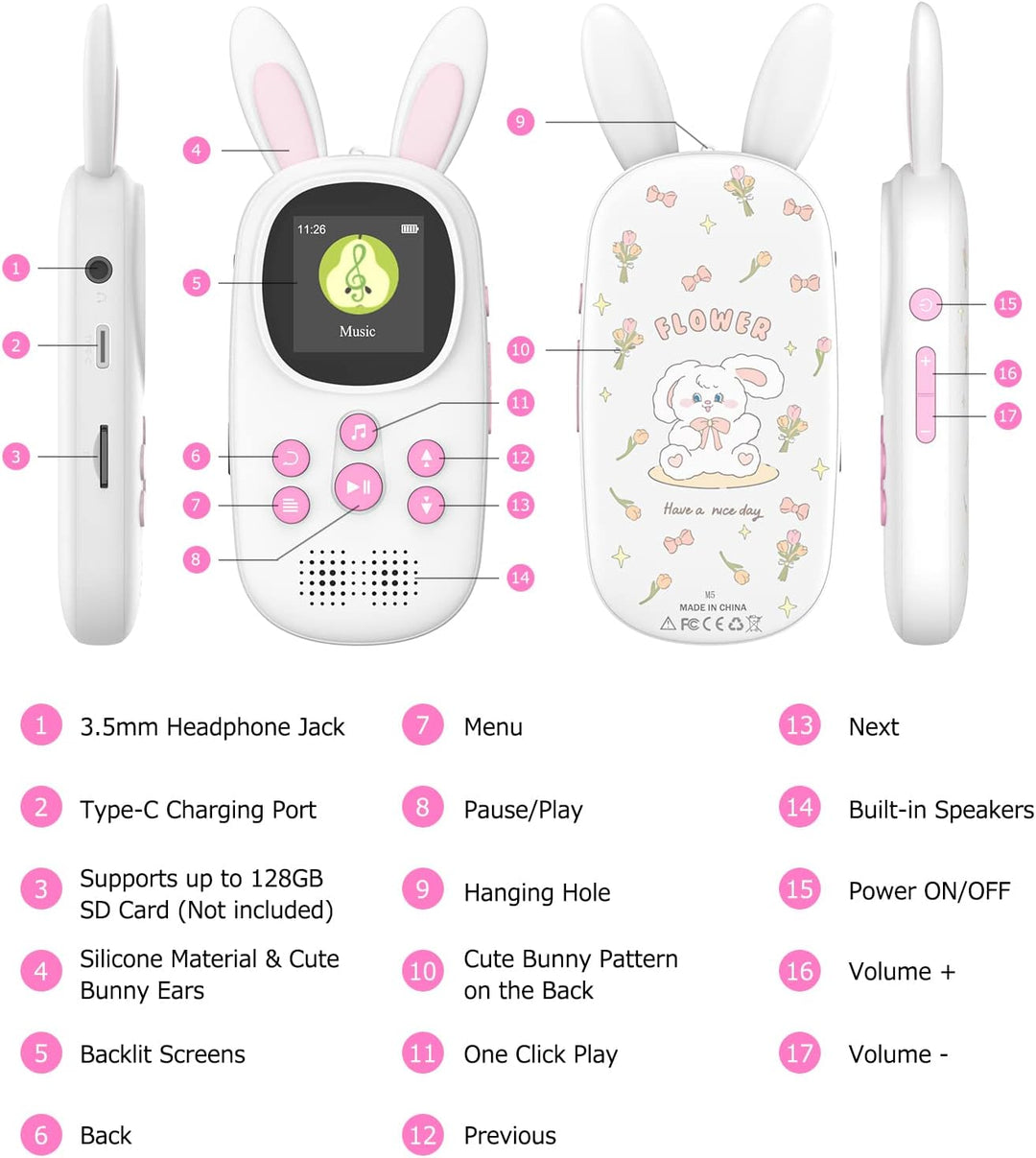 16GB Bluetooth MP3 Player , Niedlicher Hase Kinder Musik Player mit Kopfhörer &amp; Lautsprecher, mit FM