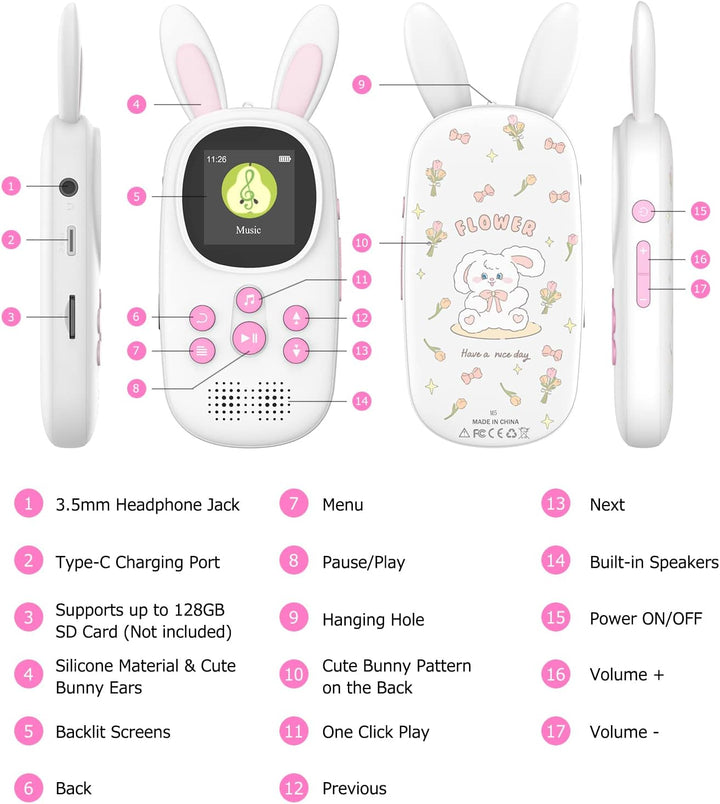 16GB Bluetooth MP3 Player , Niedlicher Hase Kinder Musik Player mit Kopfhörer &amp; Lautsprecher, mit FM