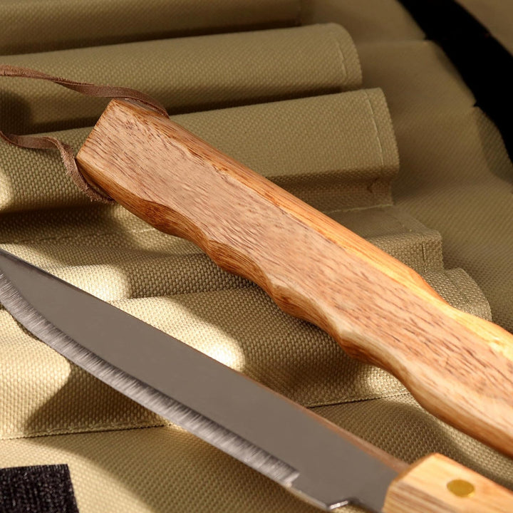 Grillbesteck Set (5-teilig): Grillset mit Grillzange, Fleischgabel, Grillmesser, Pinsel und Grillwen