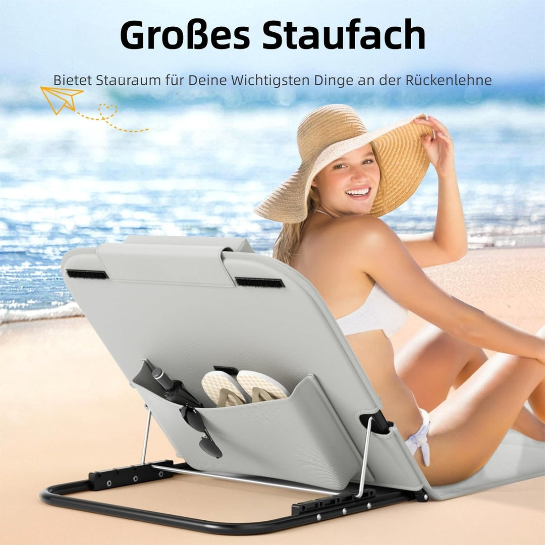 2er Set Strandmatte Klappbar mit Rückenlehne 165cm, 5-Stufige Verstellbarer Strandliege Klappbar Lei