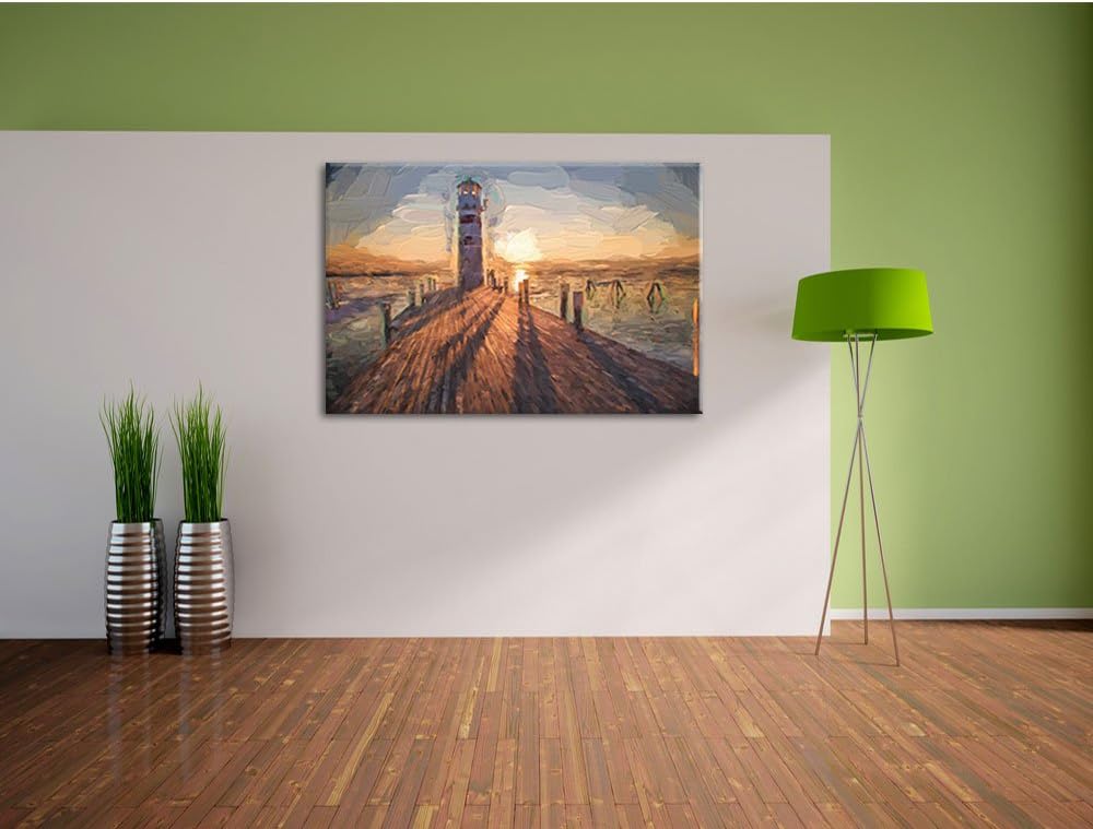 Pixxprint Leuchtturm am Steg als Leinwandbild/Grösse: 100x70 cm/Wandbild/Kunstdruck/fertig bespannt,