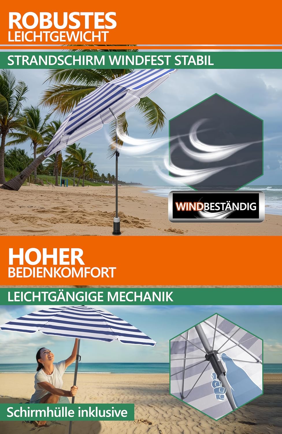 4smile Sonnenschirm Strand SunnyJoy 3-IN-1-SET, Fb. Blau-Weiss - Strandschirm Ø 180 cm + Bodenhülse