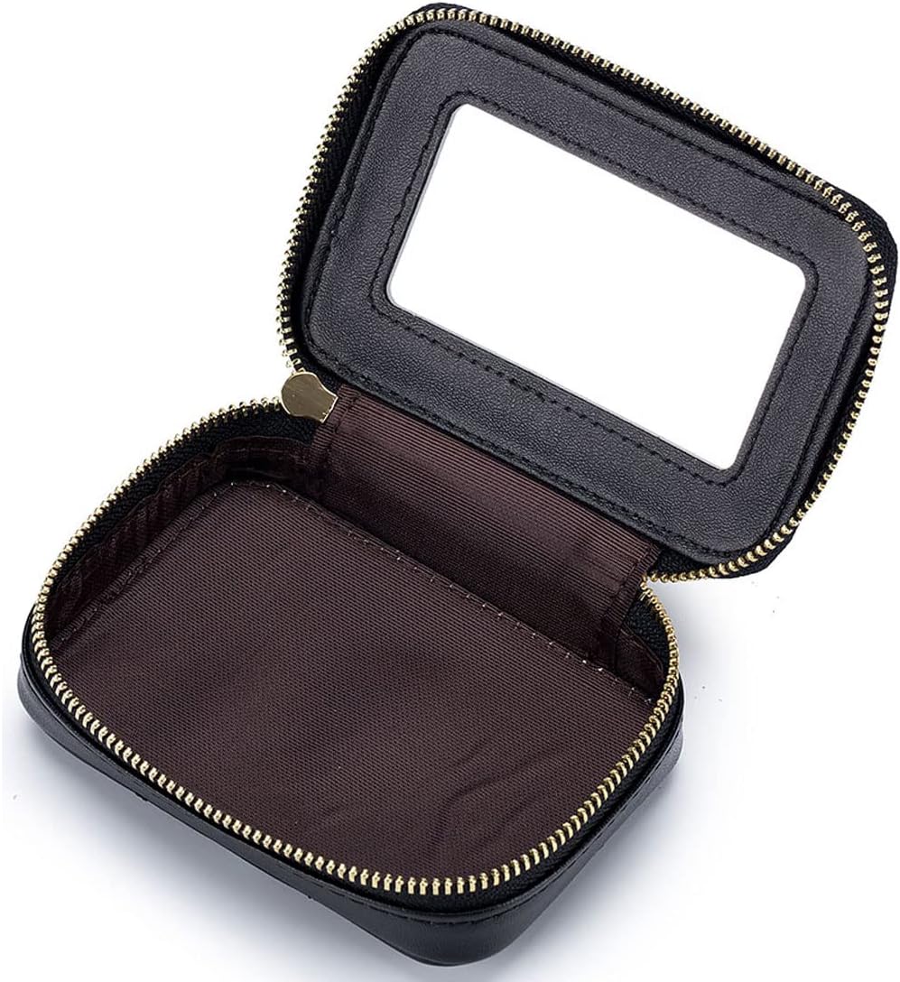 Lippenstift-Etui mit Spiegel, echtes Leder, Reissverschluss, Lippenstift-Halter, Box, kleine Reise-M