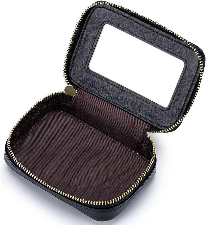 Lippenstift-Etui mit Spiegel, echtes Leder, Reissverschluss, Lippenstift-Halter, Box, kleine Reise-M