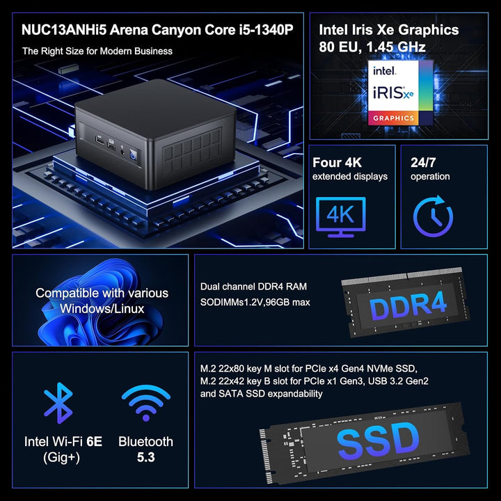 Intel NUC 13 Pro NUC13ANHi5 Arena Canyon Mini PC, Core i5-1340P, Barebones, NO RAM, NO SSD, NO OS, M