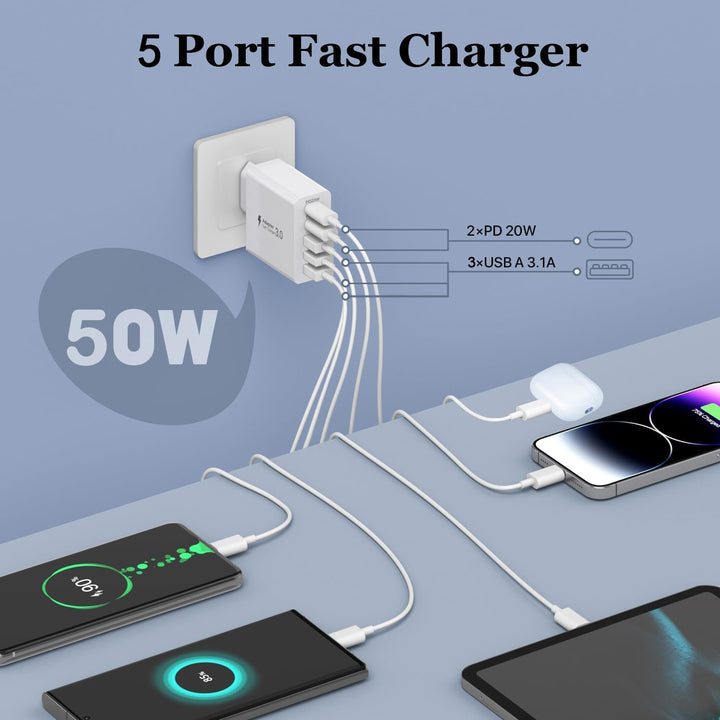 2er Pack USB C Ladegerät 50W, 5 Ports Mehrfach USB Stecker mit【2 USBC+3 USBA】, 50W Netzteil Wand-Lad