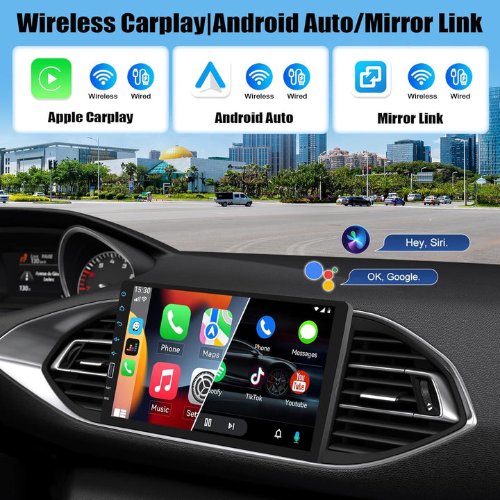 CAMECHO Autoradio 1 Din mit Wireless Carplay Android Auto 9 Zoll Bildschirm Bluetooth Radio Touch Di