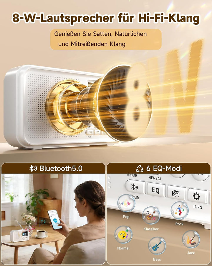 Roxicosly Tragbares DAB/DAB+ Radio, 80 Voreingestellte, UKW Digital Radio mit 3000-mAh Akku, Küchenr