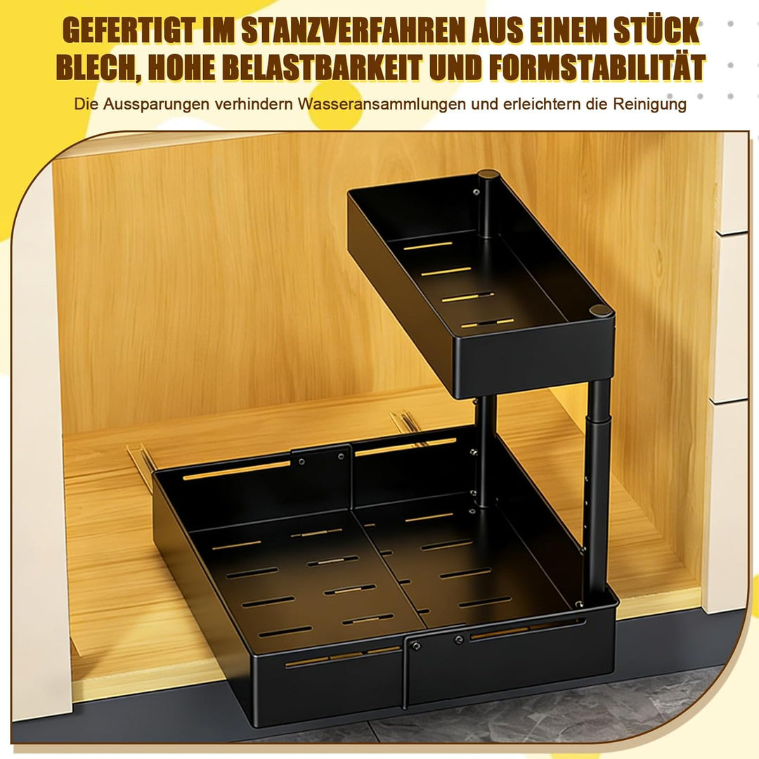 Spülschrank Organizer Ausziehbar – 2 Etagen Unterschrank Organizer Schwarz | Küche Höhenverstellbar