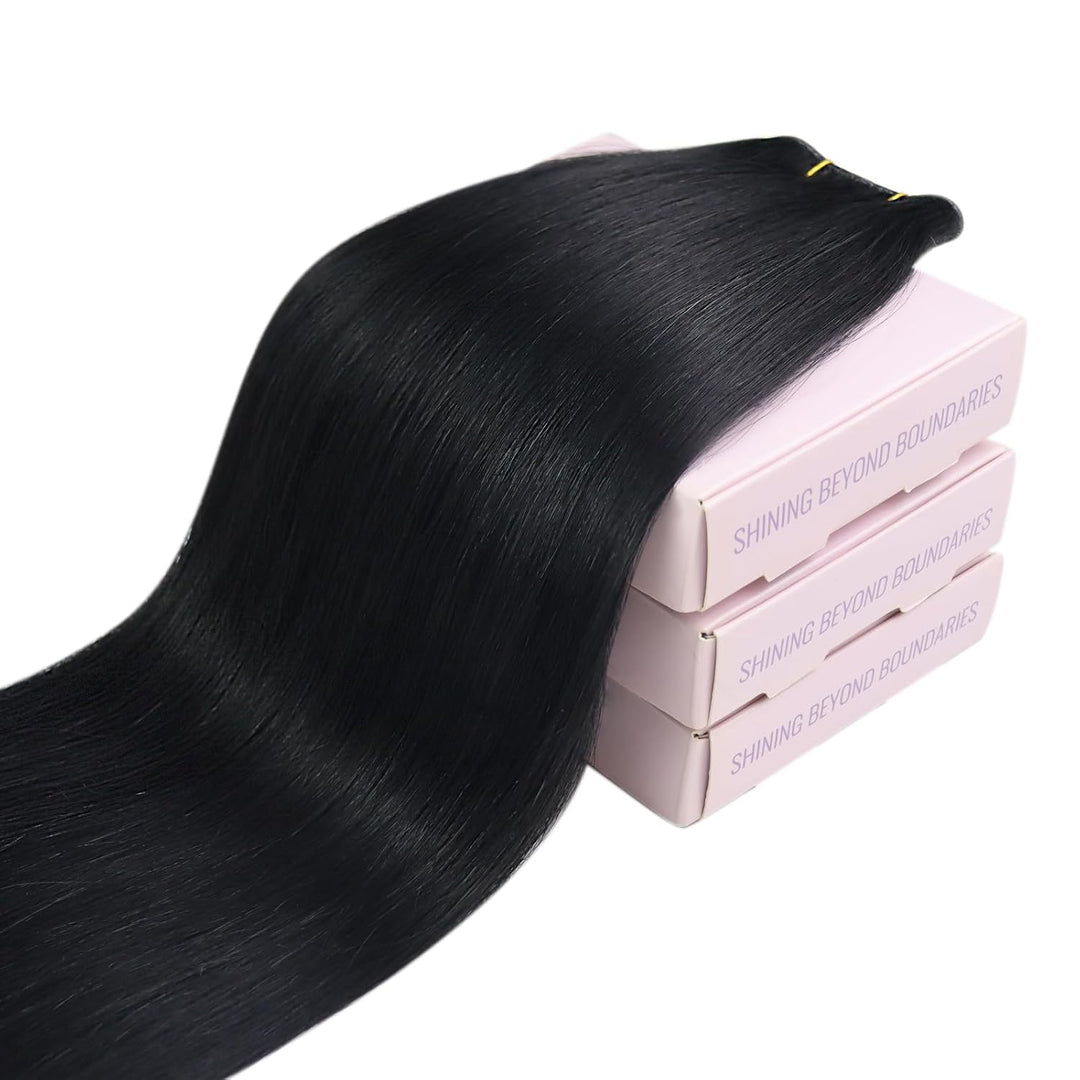 Fshine Butterfly Extensions Echthaar Tressen, Tiefschwarz, 40 cm 50 g, Keine Klobigen, PU-Basis, für
