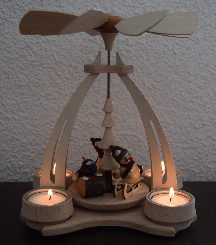 Dekohelden24 Tisch-Pyramide aus Buchenholz mit Schneemannfiguren, ca. 24 cm Schneemänner, Schneemänn