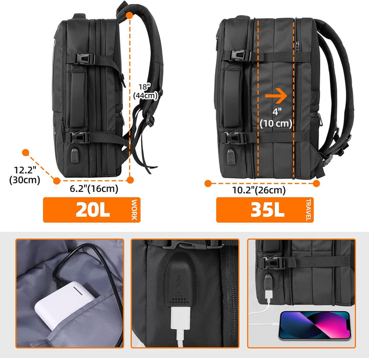 KINGSLONG Handgepäck Reiserucksack 35L Laptop Herren Rucksack 17 Zoll Business Backpack Wasserdicht