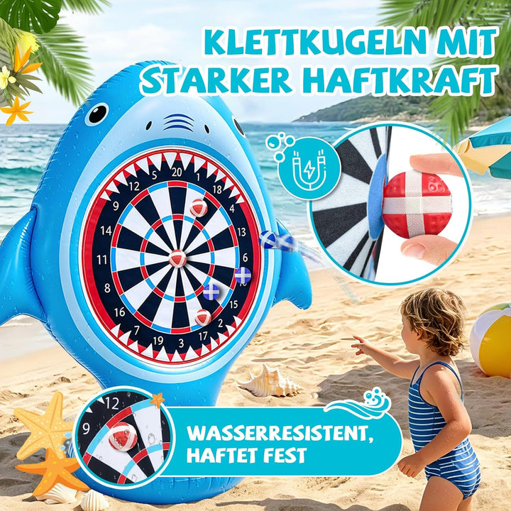 Aufblasbare Dartscheibe Hai für Pool, Wurfspiel mit 10 Klettbällen, Wasserspielzeug für Kinder & Erw