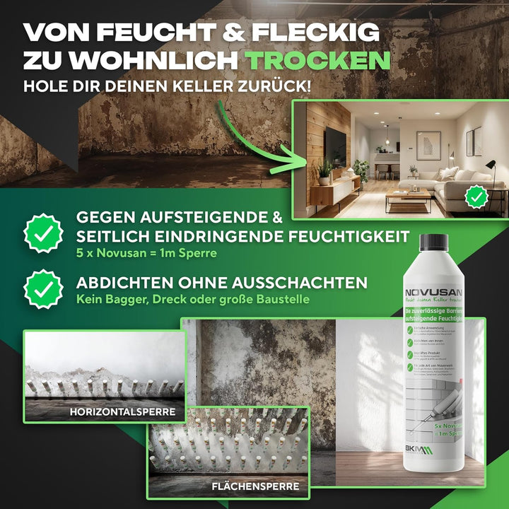 NOVUSAN Horizontalsperre – Injektionsflasche zur Abdichtung von feuchten Wänden &amp; Keller | für 1m Wa