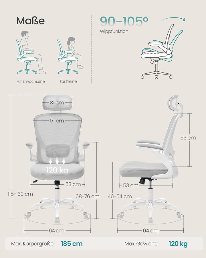 SONGMICS Bürostuhl ergonomisch, Drehstuhl mit Mesh, Lenden- und Kopfstütze, Wippfunktion, 53 cm gros