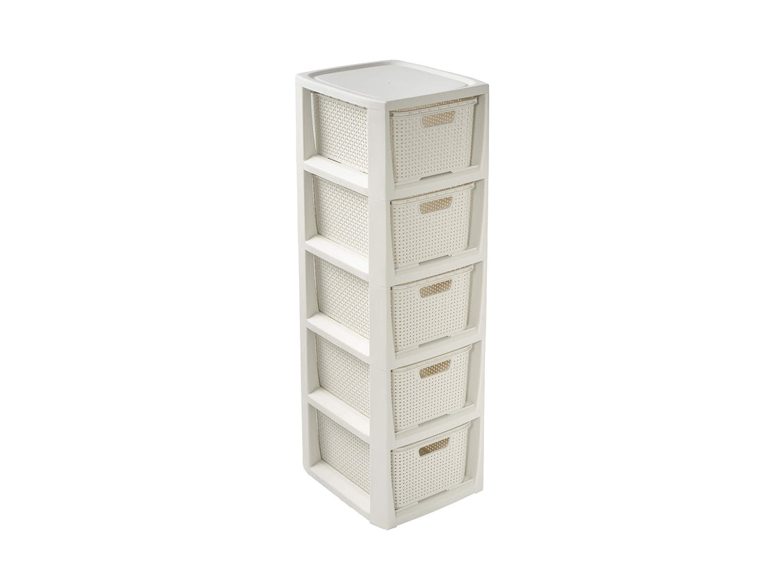 BranQ - Home essential Regal in Rattan Design, Creme, 5 Körben 5 Körben Creme, 5 Körben Creme